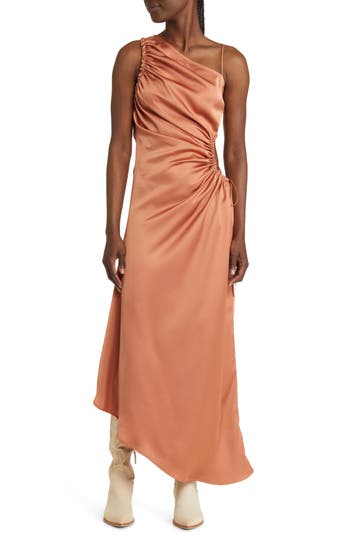 Moon River Ruched Asymmetric Satin Maxi Dress In Brown