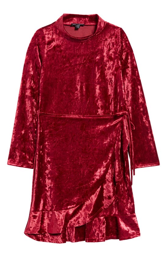 Ava & Yelly Kids' Mock Neck Crushed Velvet Faux Wrap Dress In Ruby Red