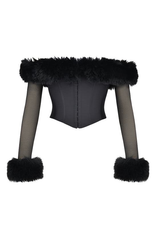 House Of Cb Merle Faux Fur Off The Shoulder Crop Corset In Black