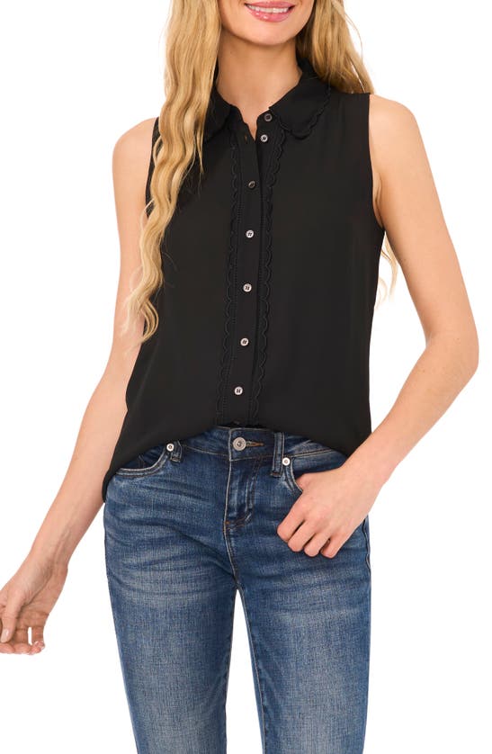 Shop Cece Scallop Detail Sleeveless Button-up Shirt In Rich Black