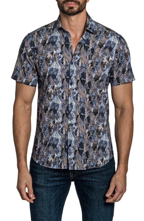 Jared Lang Trim Fit Abstract Print Short Sleeve Cotton Button-up Shirt In Blue Floral