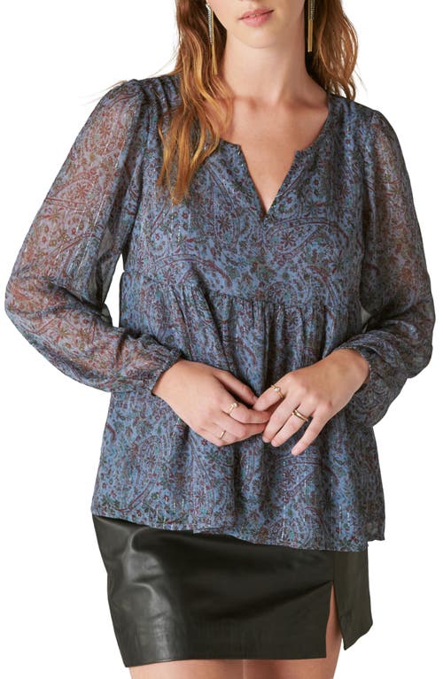 Lucky Brand Paisley Split Neck Peasant Top in Blue Multi at Nordstrom, Size Small