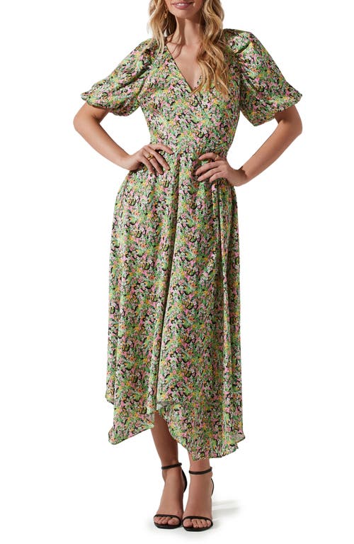 ASTR the Label Floral Puff Sleeve Wrap Dress in Pink Green Multi