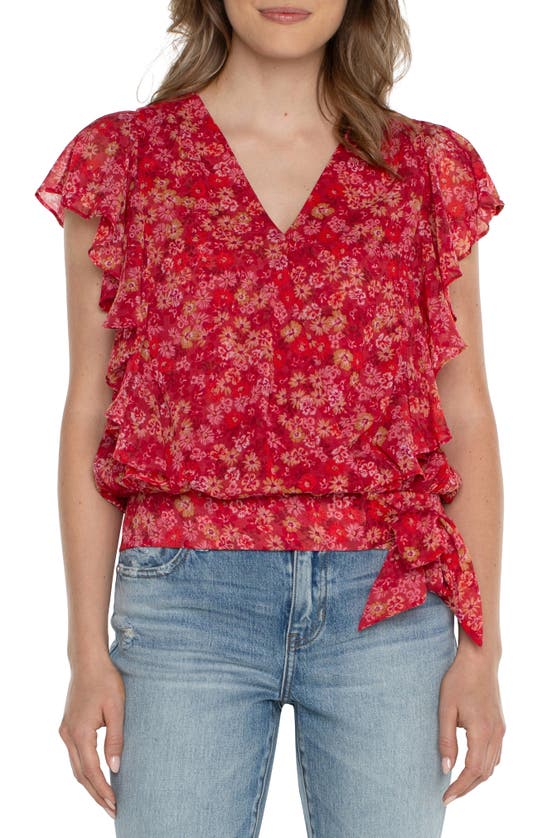 Shop Liverpool Los Angeles Print Flutter Sleeve Top In Berry Floral