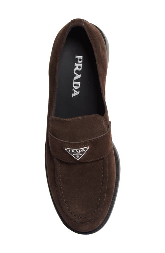 Prada Enamel Triangle-logo Suede Loafers In Moro