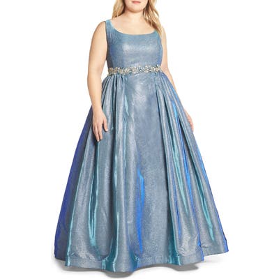 Plus Size MAC Duggal Jeweled Waist Metallic Evening Dress, Blue