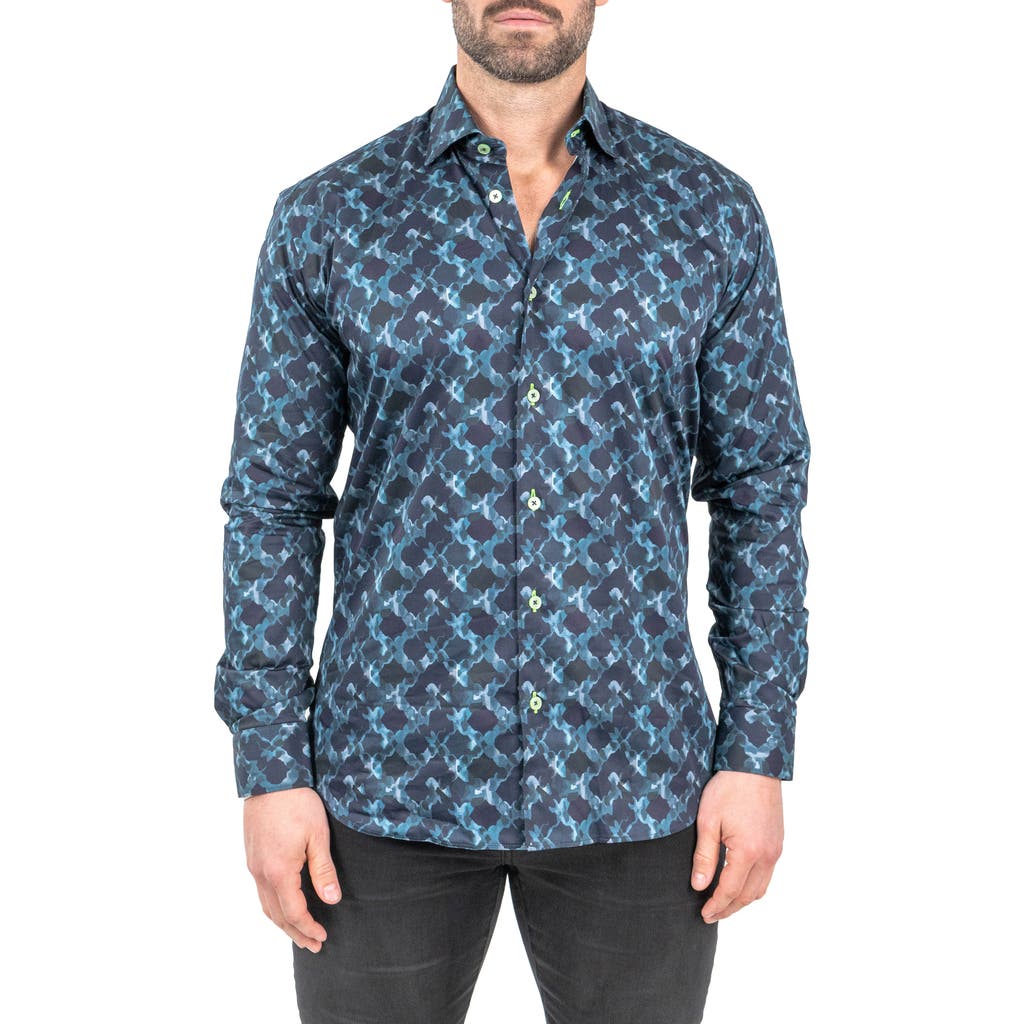 Maceoo Einstein Leaves Micro Print Blue Contemporary Fit Button-up Shirt In Blue