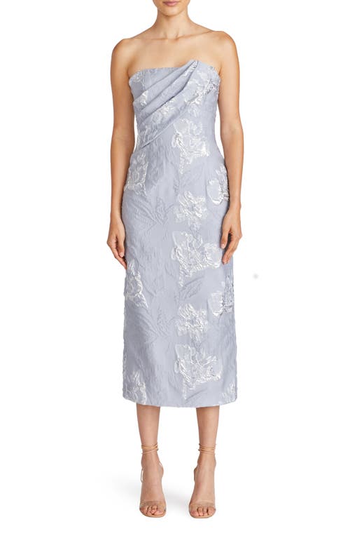 Jacqueline Strapless Jacquard Midi Sheath Dress in Silver