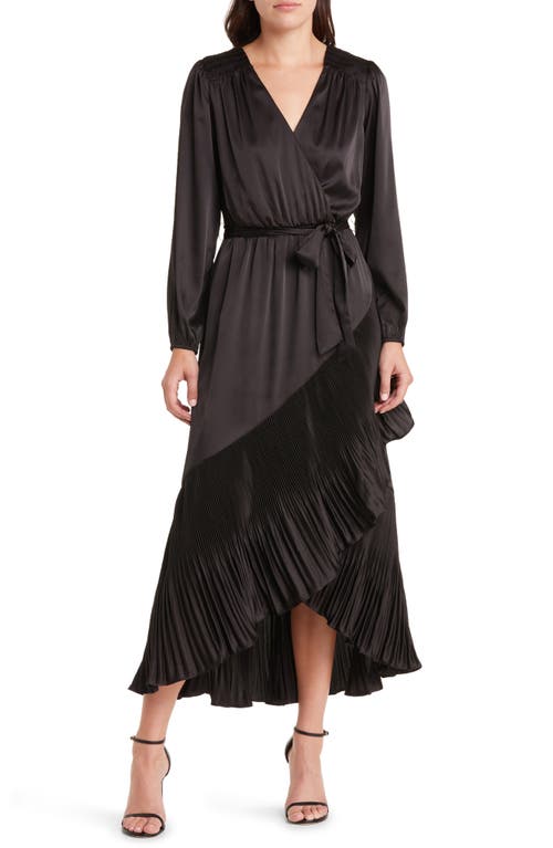 Asymmetric Pleated Belted Long Sleeve Dress in Black