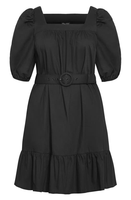 Shop City Chic Ariya Puff Sleeve Belted Cotton Dress In Black