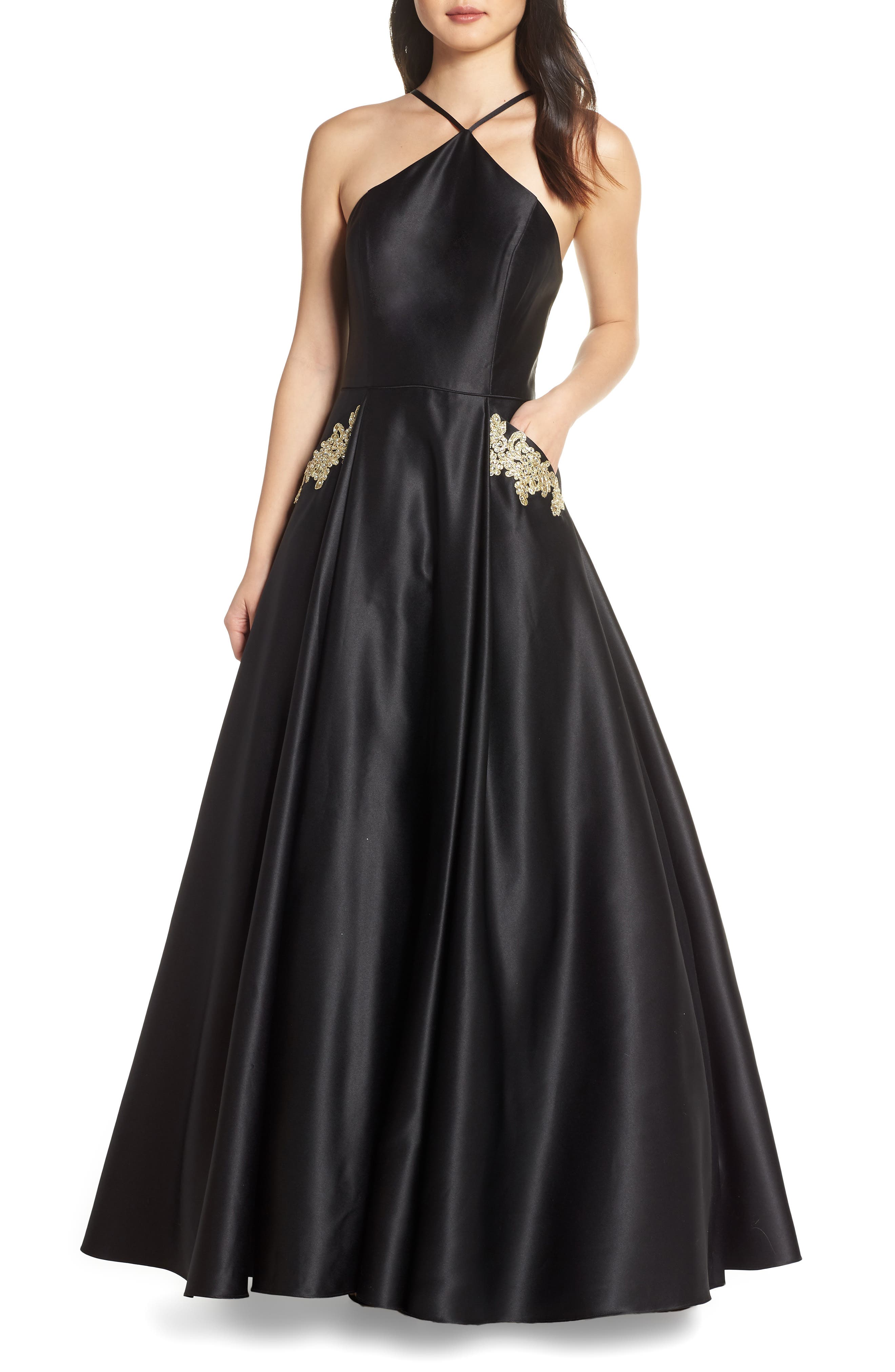 Blondie Nites Halter Neck Embellished Pocket Satin Evening Dress, Yellow