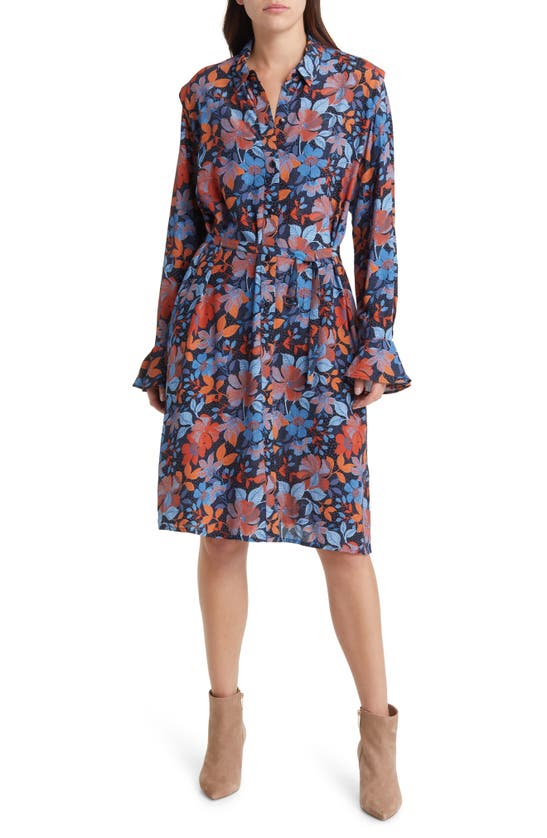 FRENCH CONNECTION ADALINA FLORAL BELTED LONG SLEEVE SHIRTDRESS