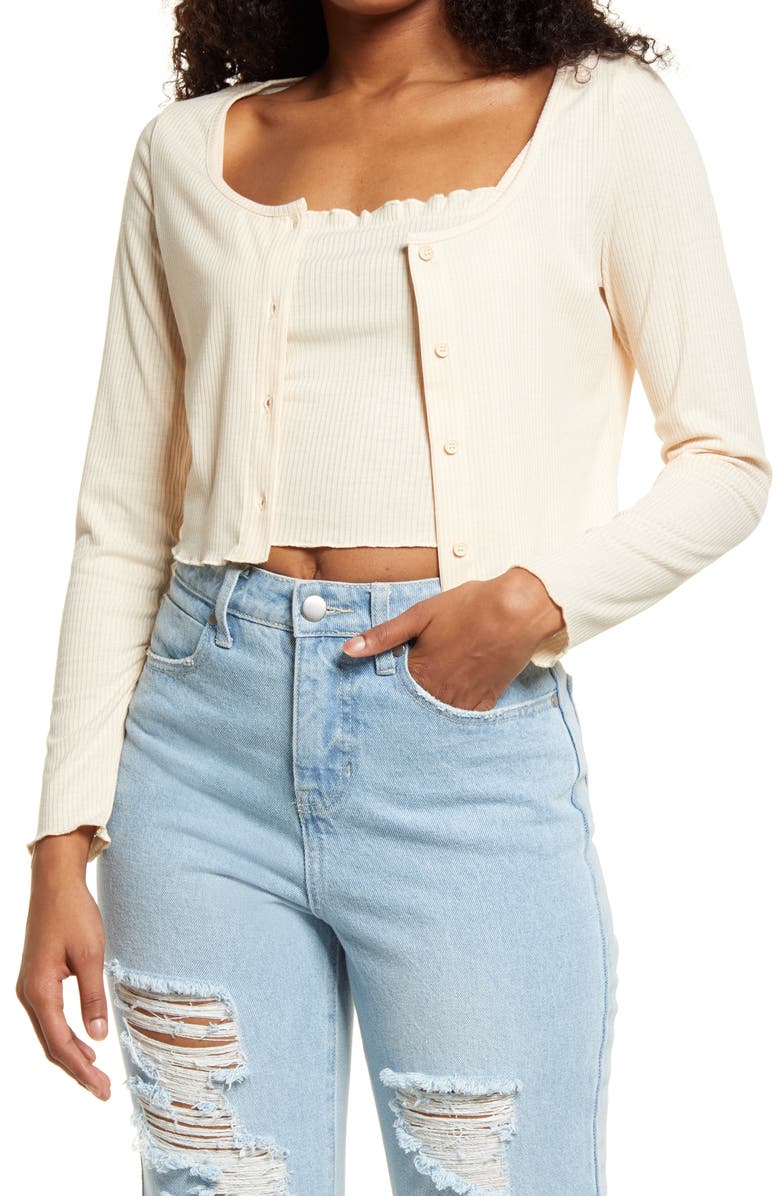 BP. Crop Rib Cardigan & Camisole Set, Main, color, TAN BOULDER