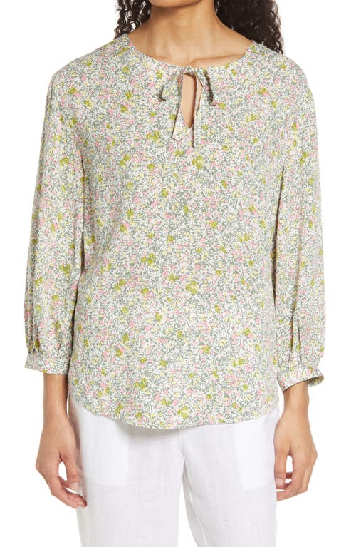caslon(r) Floral Split Neck Shirt in Ivory Pink Green Camo Ditsy