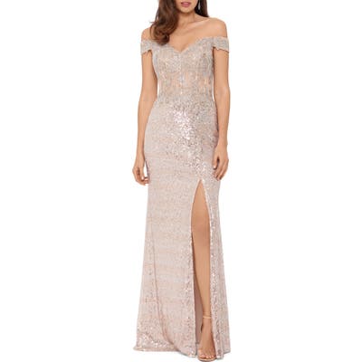 Xscape Sequin Embroidered Off The Shoulder Gown, Pink