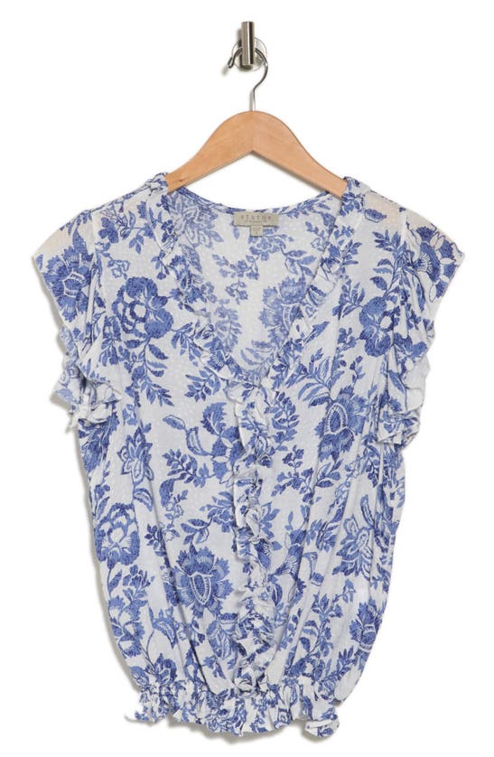 Shop Chenault Flutter Sleeve Clip Dot Top In Blue Toile