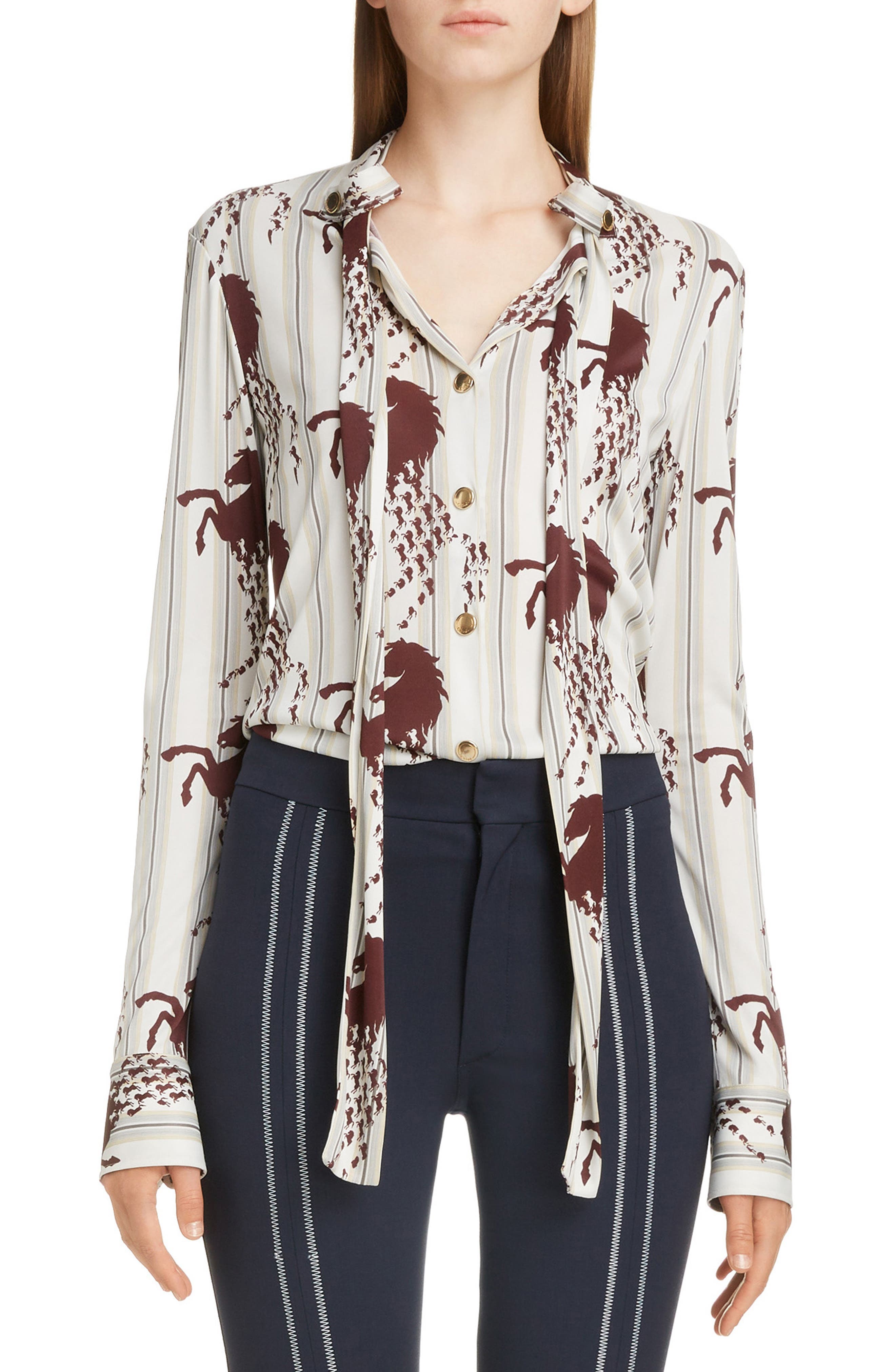 Chloé Horse Print Tie Neck Blouse 