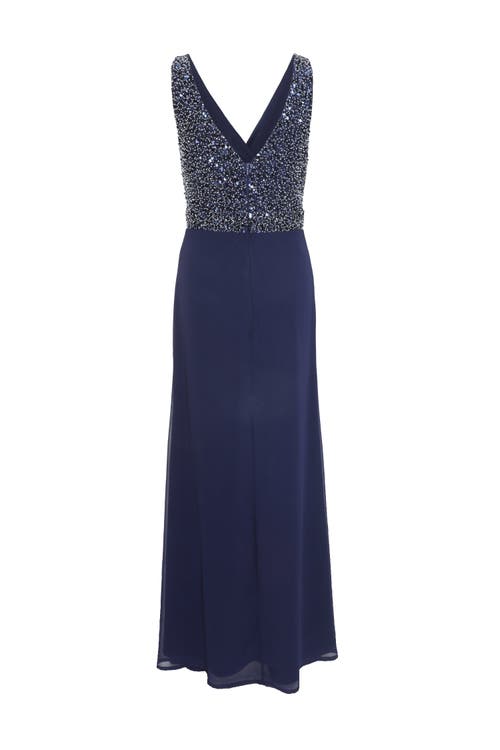 Quiz Chiffon Embellished Wrap Split Evening Dress In Blue