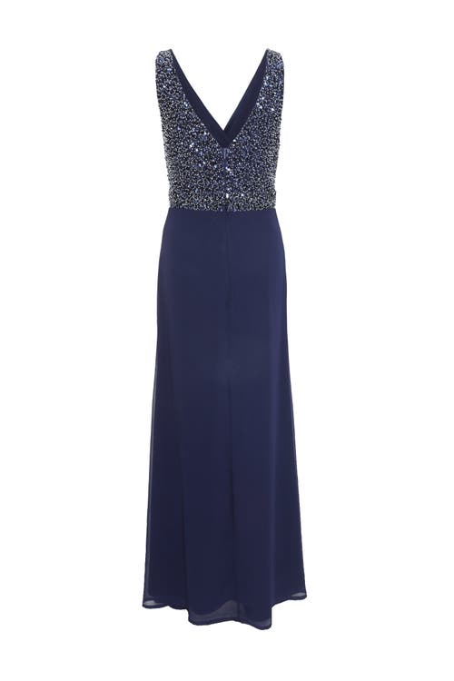 Shop Quiz Chiffon Embellished Wrap Split Evening Dress In Blue