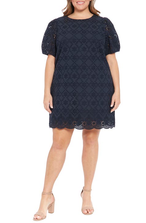 Puff Sleeve Embroidered Shift Dress (Plus)