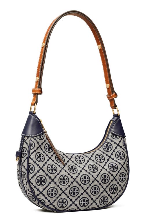 Tory Burch T-monogram Jacquard Crescent Shoulder Bag In Tory Navy
