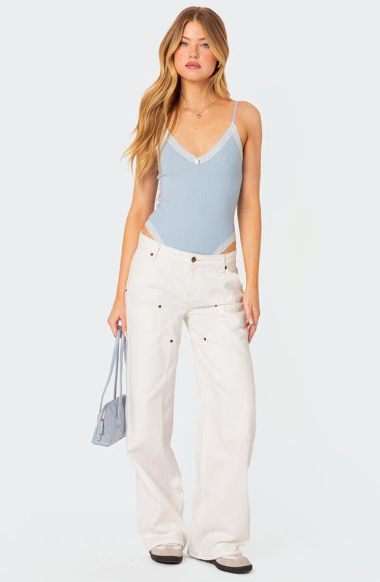 Edikted Aurora Lace Trim Rib Bodysuit In Light-blue