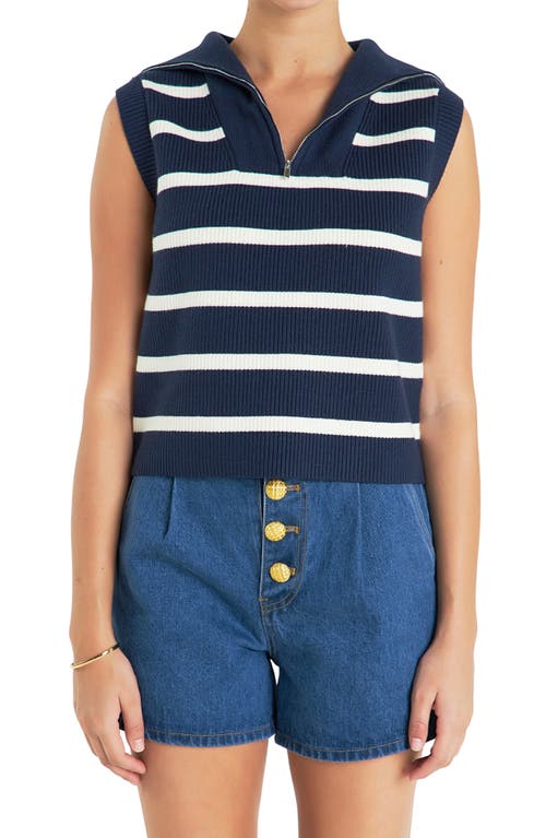 Shop English Factory Stripe Sleeveless Half Zip Sweater In Navy/ivory