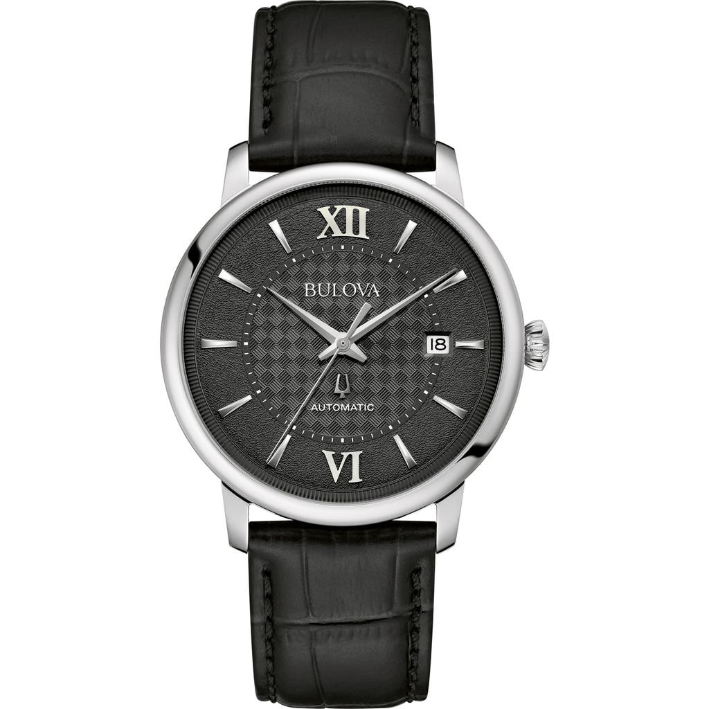 Bulova Automatic Mens Automatic Black Leather Strap Watch 96b441