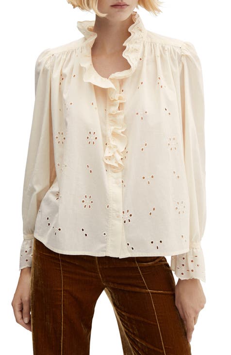 Eyelet Ruffle Trim LS Button Down Shirt M / Spice