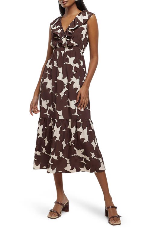 River Island Floral Ruffle Neck Dress in Brown