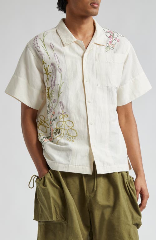 Story mfg. Greetings Embroidered Short Sleeve Cotton & Linen Button-Up Shirt Ecru Herb at Nordstrom,