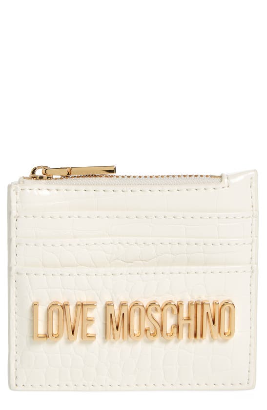 Shop Love Moschino Croc Embossed Faux Leather Zip Card Wallet In Offwhite