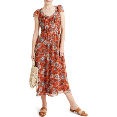 Madewell Sheer Sleeve Button Front Dress, Orange