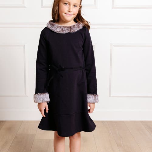 Shop Hope & Henry Girls' Long Sleeve Ponte Dress With Faux Fur, Toddler In Black Long Sleeve