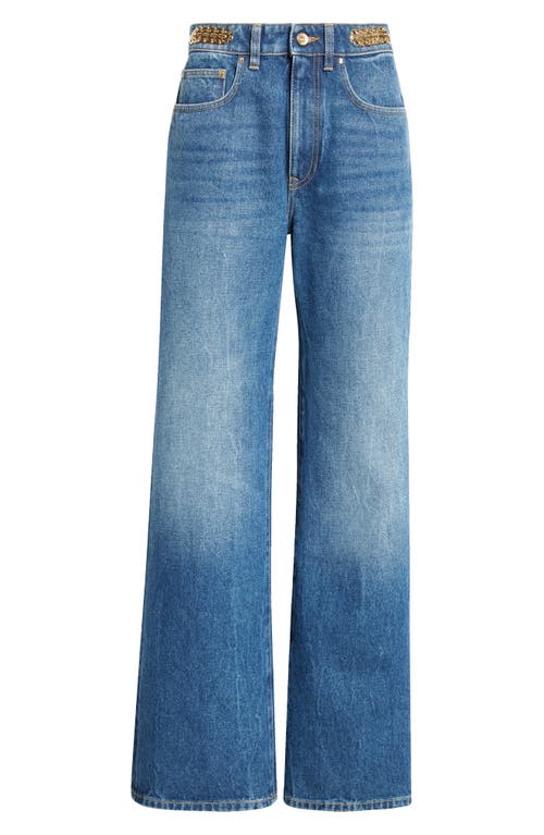 Shop Rabanne 1969 Signature Discs Wide Leg Jeans In Dark Denim Stone