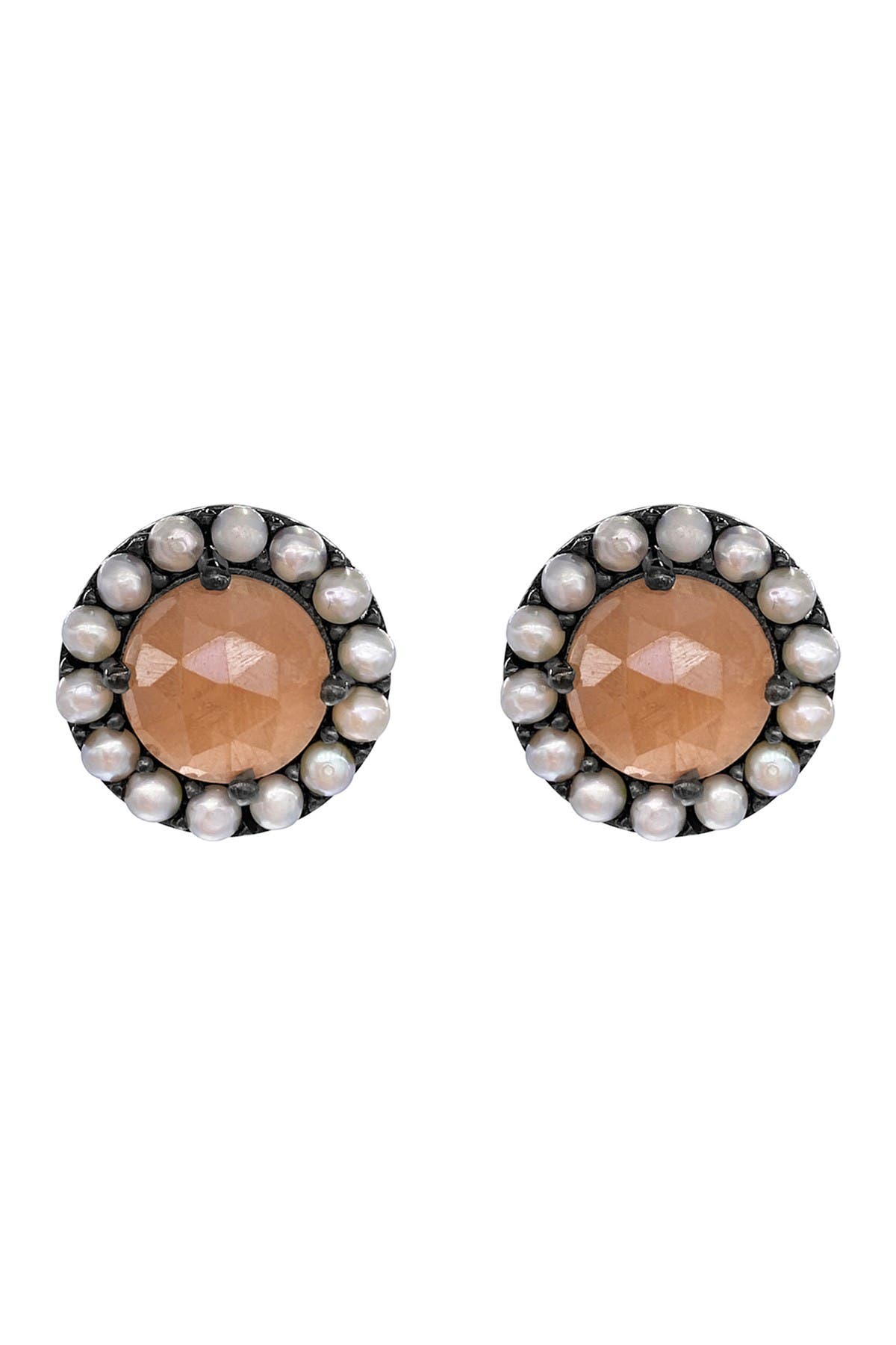 Adornia Fine Black Rhodium Plated Sterling Silver Peach Moonstone & 2mm Pearl Halo Stud Earrings In Pink