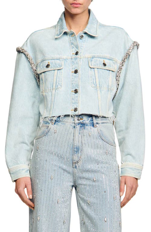 Shop Sandro Palom Rhinestone Seam Crop Denim Trucker Jacket In Light Blue Jean