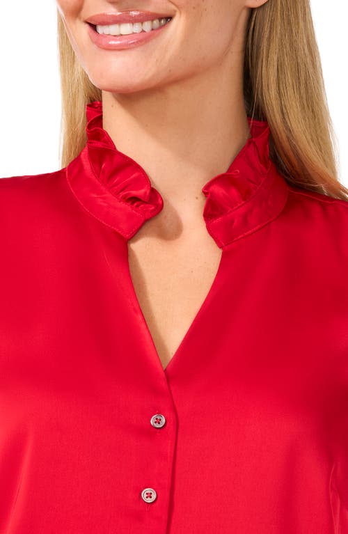 Shop Cece Frill Cuff Satin Button-up Shirt In Stoplight Red