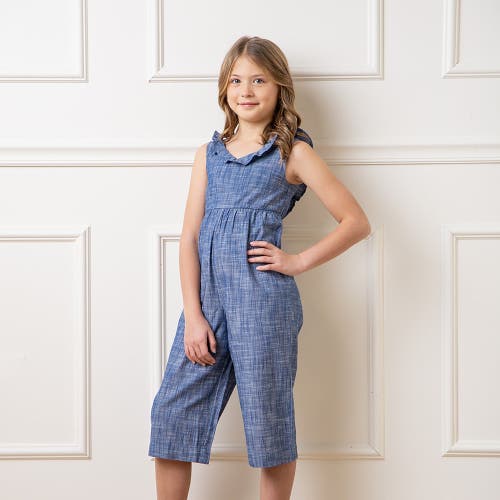 Shop Hope & Henry Girls' Organic Ruffle Neck Jumpsuit, Toddler In Chambray