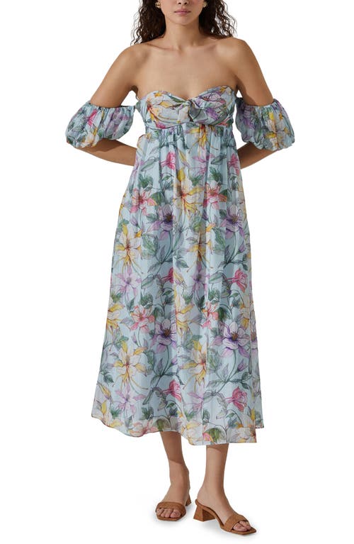 Astr The Label Floral Off The Shoulder Midi Dress In Blue Multi Tropical