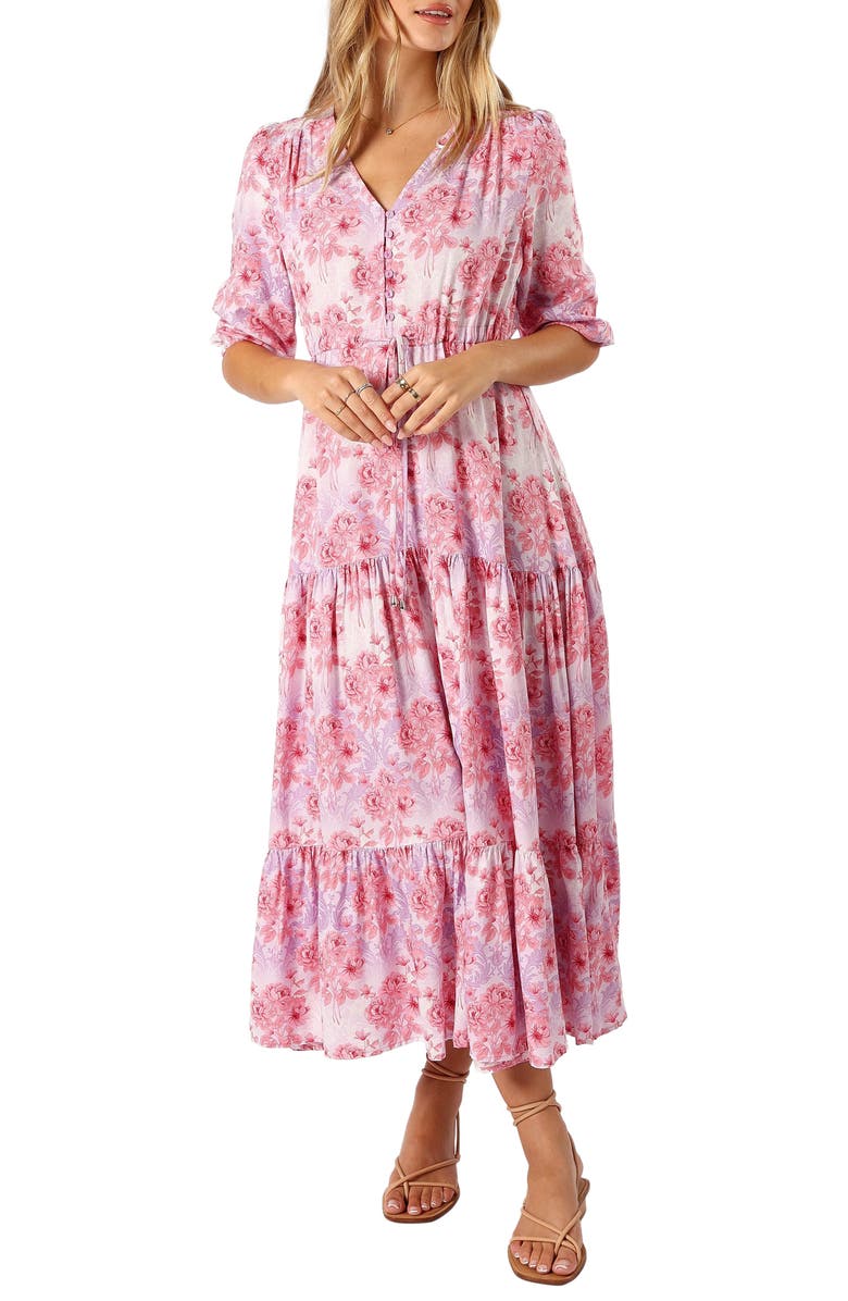 Petal & Pup Kelda Floral Tiered Maxi Dress, Main, color, Pink/ Purple