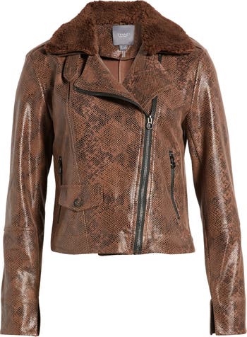 Lyssé Liana Faux Shearling Collar Faux Snakeskin Moto Jacket in Brown