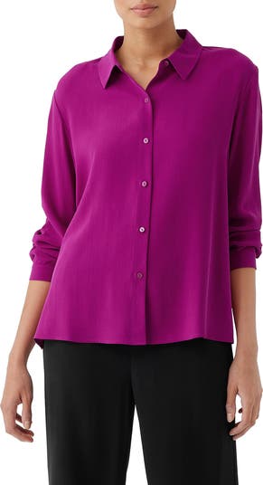 Purple silk online button up shirt