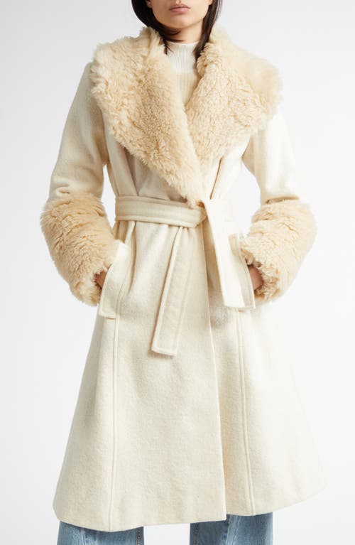 CONNER IVES Wool Blend Wrap Coat with Faux Fur Trim in Off White 