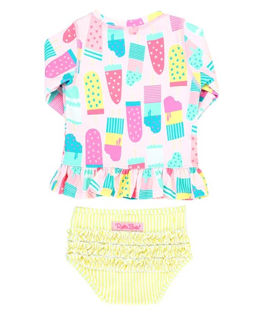 Rufflebutts Girls Long Sleeve Ruffle Hem Upf50+ Rash Guard Bikini In Ice Cream Social