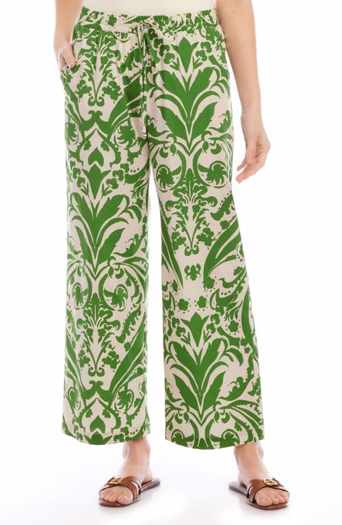 Wide Leg Drawstring Cotton Pants in Green Print
