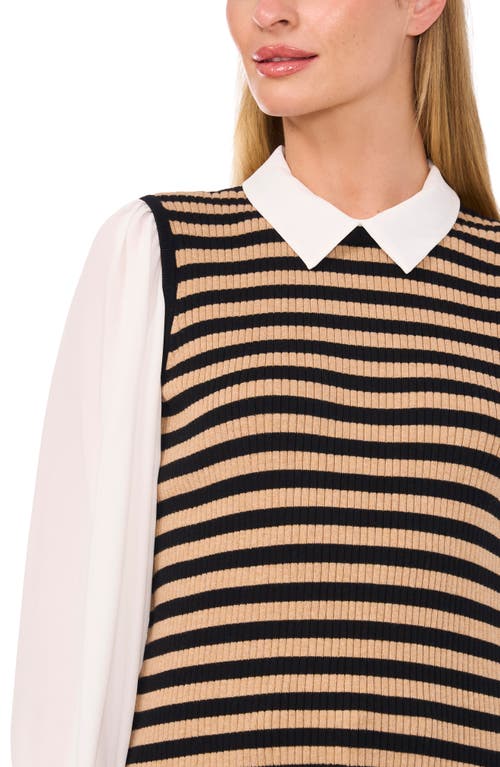 Cece Stripe Mixed Media Sweater Top In Rich Black