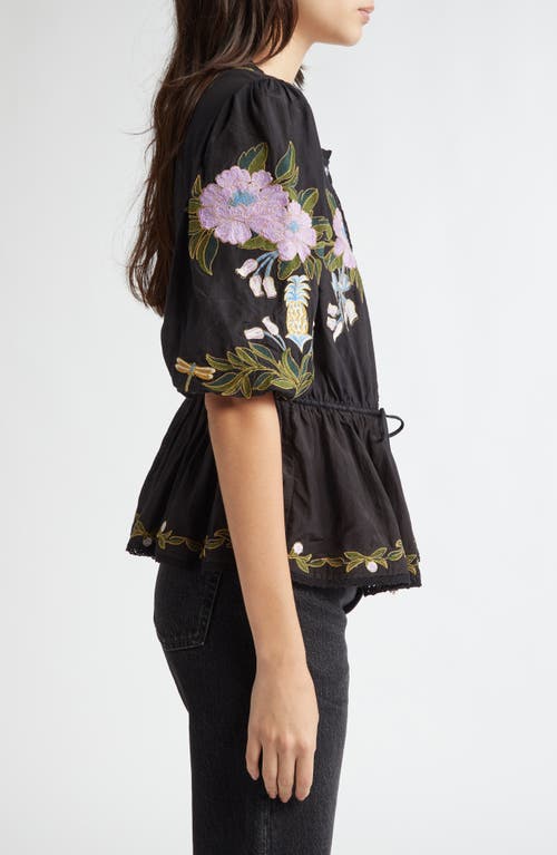 Shop Farm Rio Floral Embroidered Button-up Top In Winter Garden Black