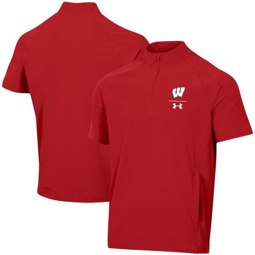 Men's Under Armour Red Wisconsin Badgers Squad Coaches Short Sleeve Raglan Quarter-Zip Jacket