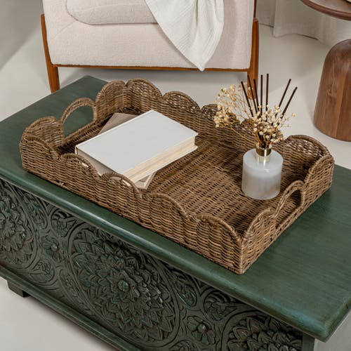 Happimess Scalloped 21.5in Southwestern Cottage Hand-woven Rattan Tray With Handles In Natural
